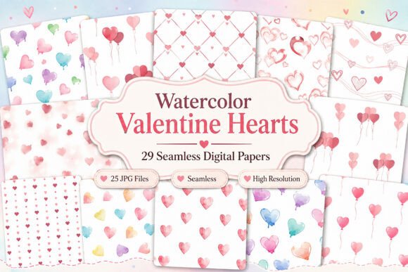 Download Watercolor Valentine Hearts Digital Pape - Valentine hearts Collection